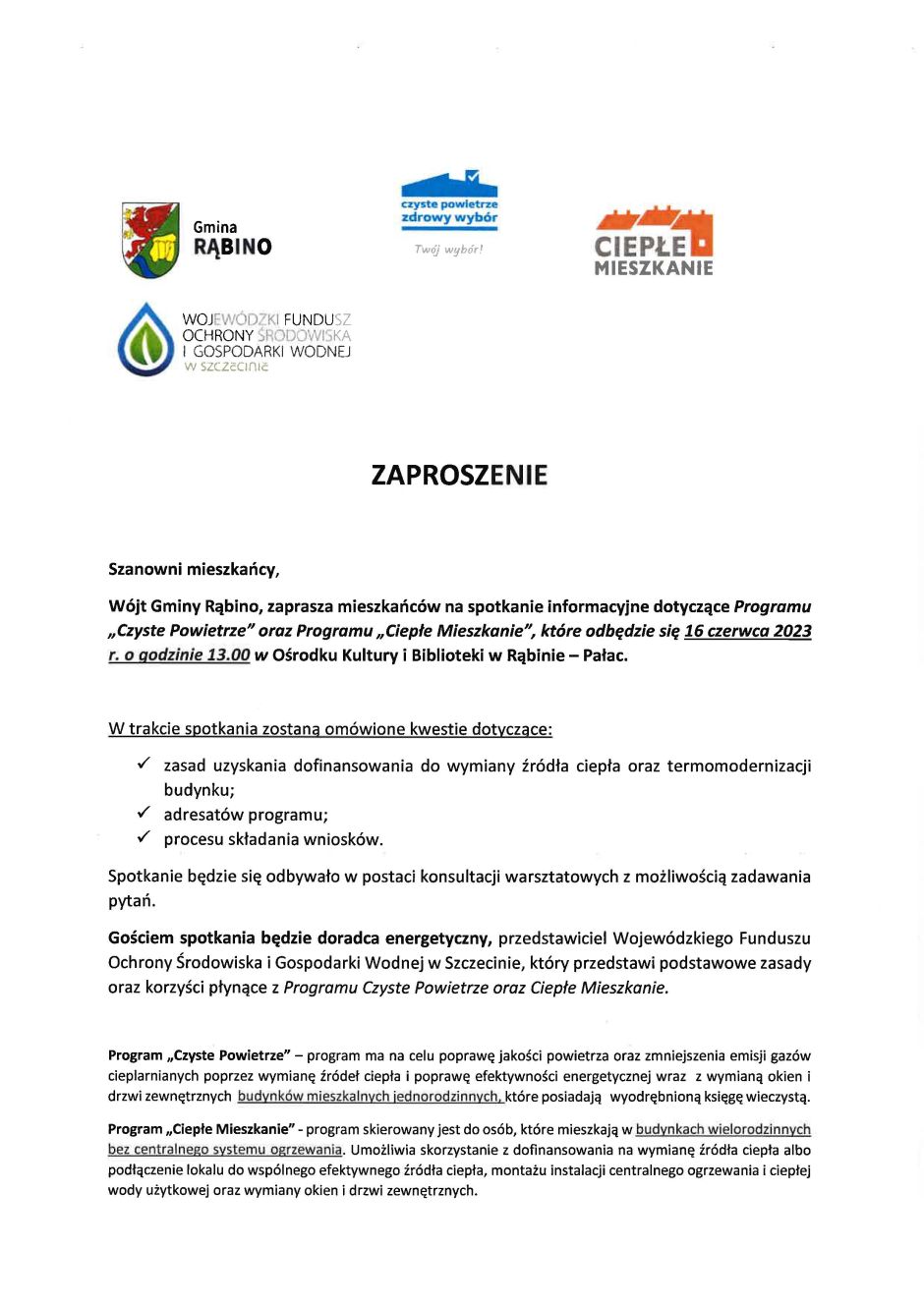 Zaproszenie na&nbsp;spotkanie informacyjne dotyczące Programu &bdquo;Czyste Powietrze&rdquo; oraz&nbsp;Programu &bdquo;Ciepłe Mieszkanie&rdquo;