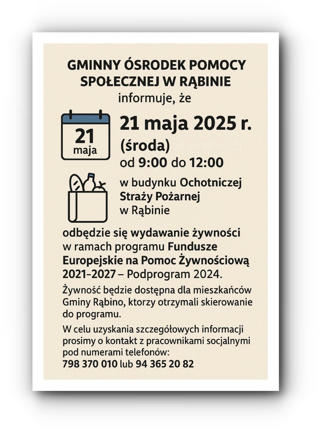 Wydawanie żywności w ramach Funduszy Europejskich na Pomoc Żywnościową – 21 maja 2025 r.