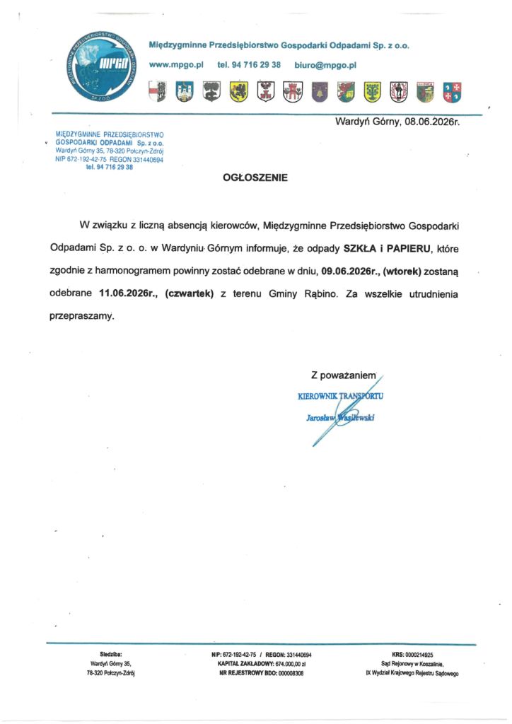 Informacja w&nbsp;sprawie odbioru odpad&oacute;w w&nbsp;dniu 9 czerwca 2026r.