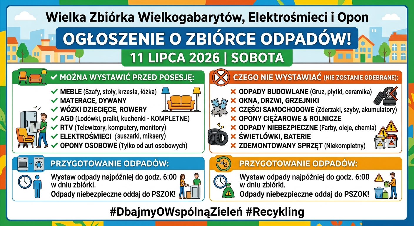 bezpłatna zbi&oacute;rka odpad&oacute;w wielkogabarytowych, zużytego sprzętu elektrycznego i&nbsp;elektronicznego (ZSEE) oraz&nbsp;zużytych opon od samochod&oacute;w osobowych
