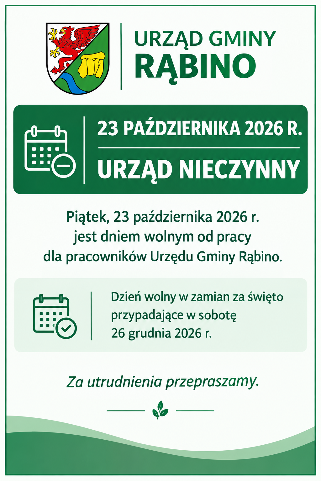 Urząd Gminy Rąbino nieczynny 23 października 2026 r.