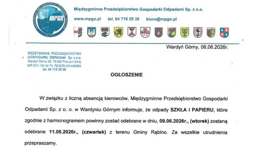 Informacja w sprawie odbioru odpadów w dniu 9 czerwca 2026r.