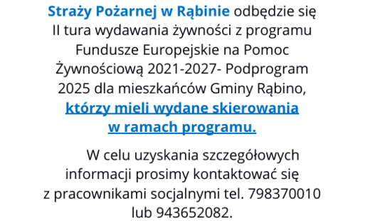II tura wydawania żywności w ramach programu Fundusze Europejskie na Pomoc Żywnościową 2021–2027 – 13 października 2026 r. w Rąbinie